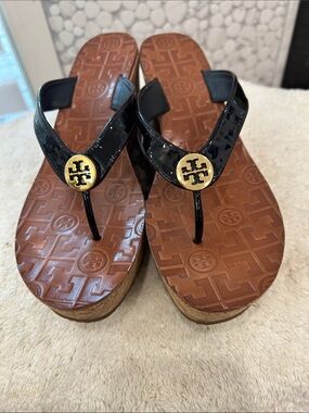Tory Burch Black Patent Thong Wedge Sandals with Gold Logo